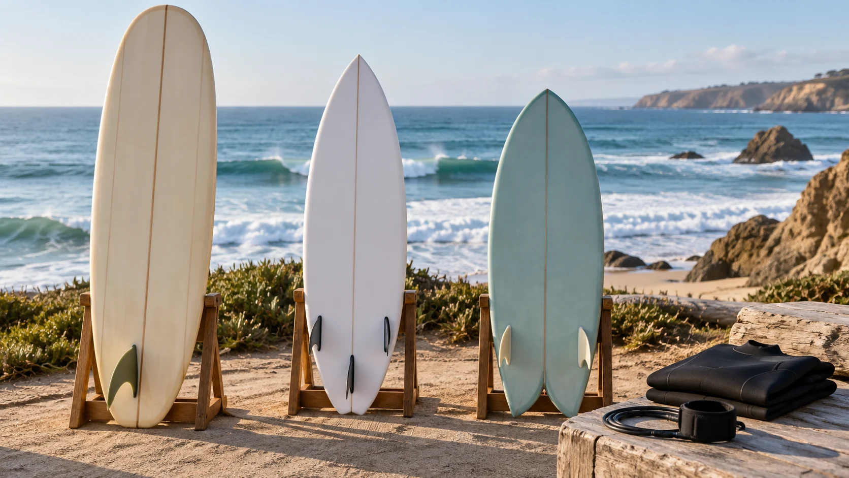 Longboard, shortboard, and fish surfboard displayed beside beach gear