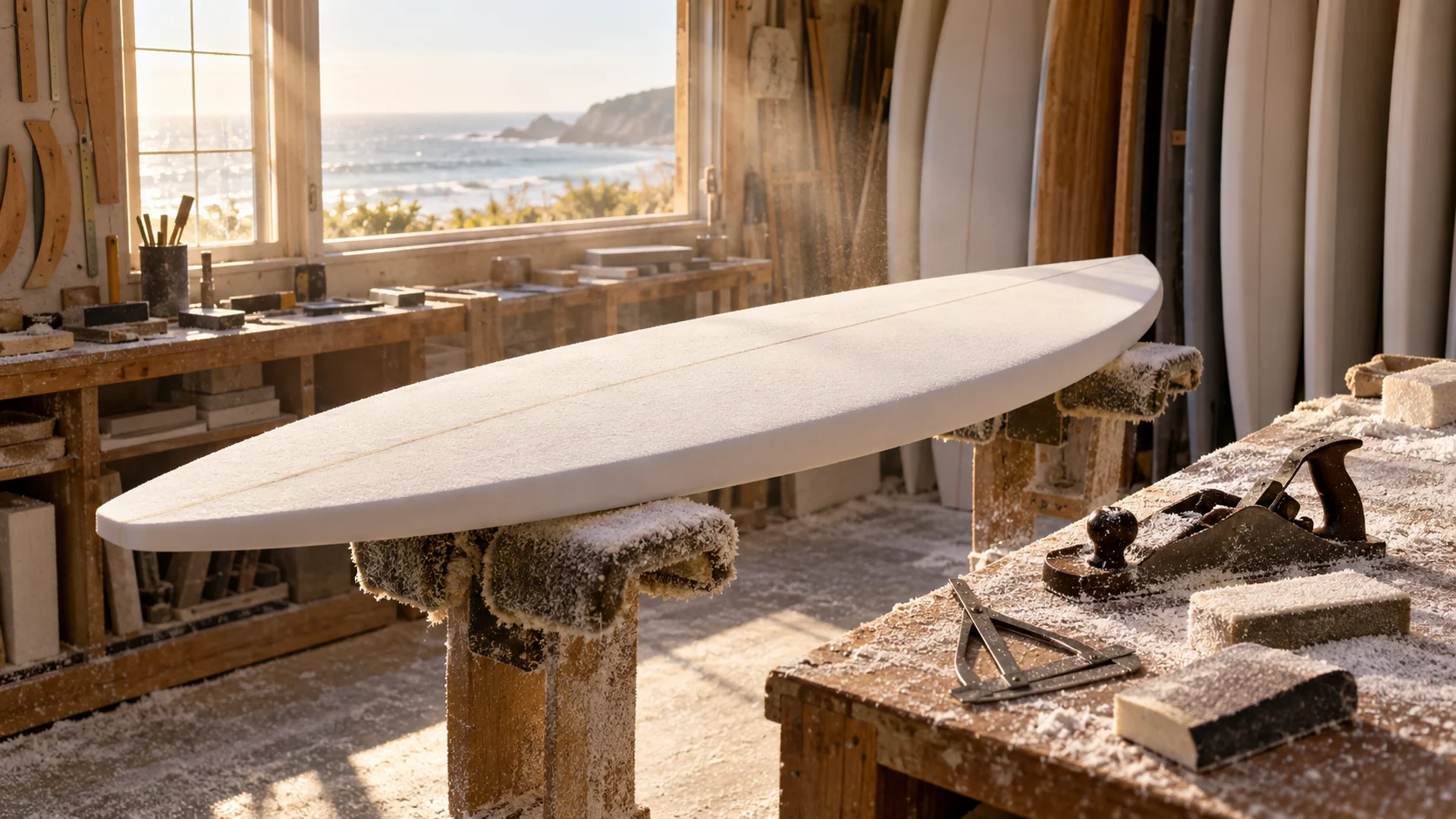 Blank foam surfboard and hand tools in a sunlit shaping workshop