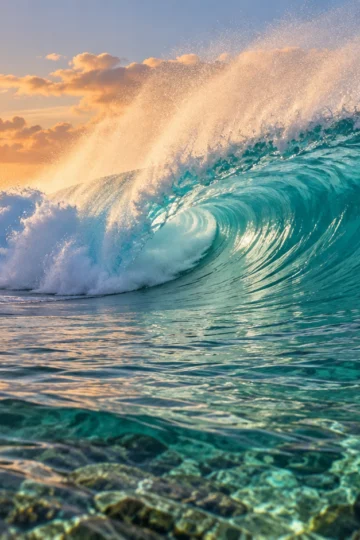 Turquoise reef wave breaking in golden sunrise light