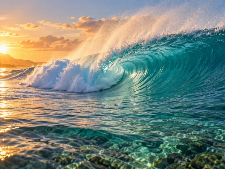 Turquoise reef wave breaking in golden sunrise light