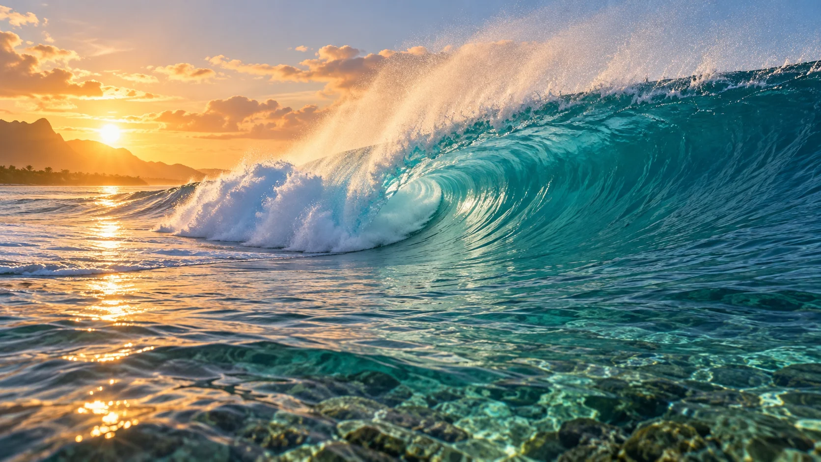 Turquoise reef wave breaking in golden sunrise light