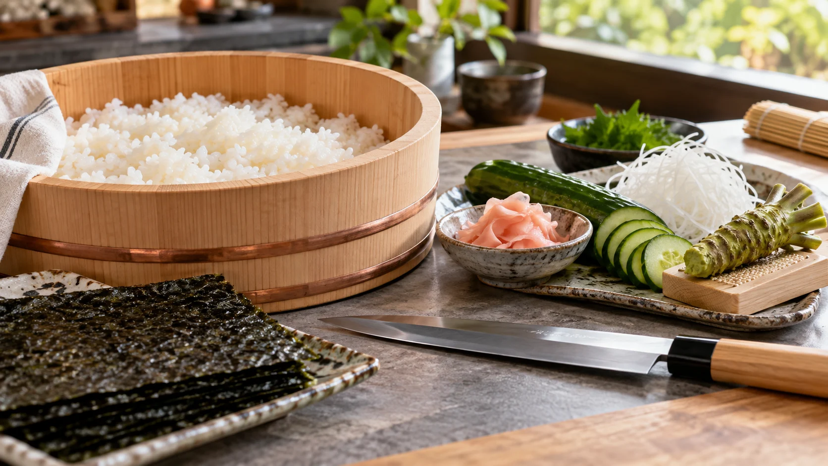 Sushi rice nori cucumber ginger and wasabi await preparation