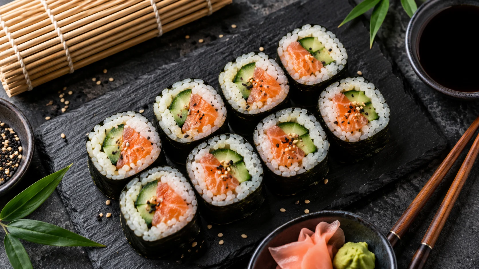 Salmon and cucumber maki reveal their colorful centers