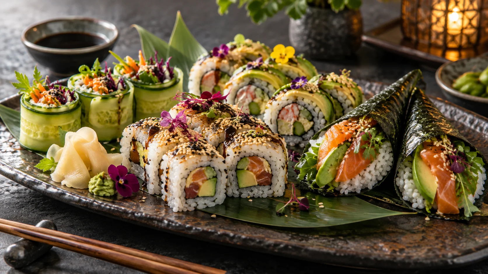 Uramaki hand rolls and vegetable rolls fill a modern sushi platter