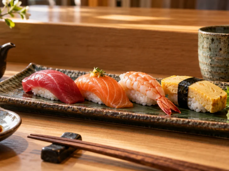 Tuna salmon shrimp and tamago nigiri line a ceramic plate