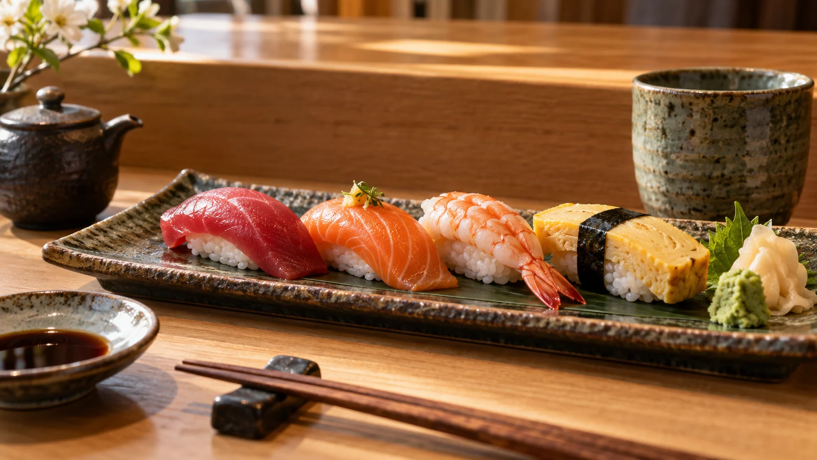 Tuna salmon shrimp and tamago nigiri line a ceramic plate