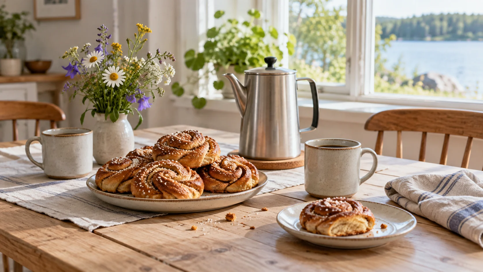 Swedish cinnamon buns and coffee arranged for fika beside a sunny window