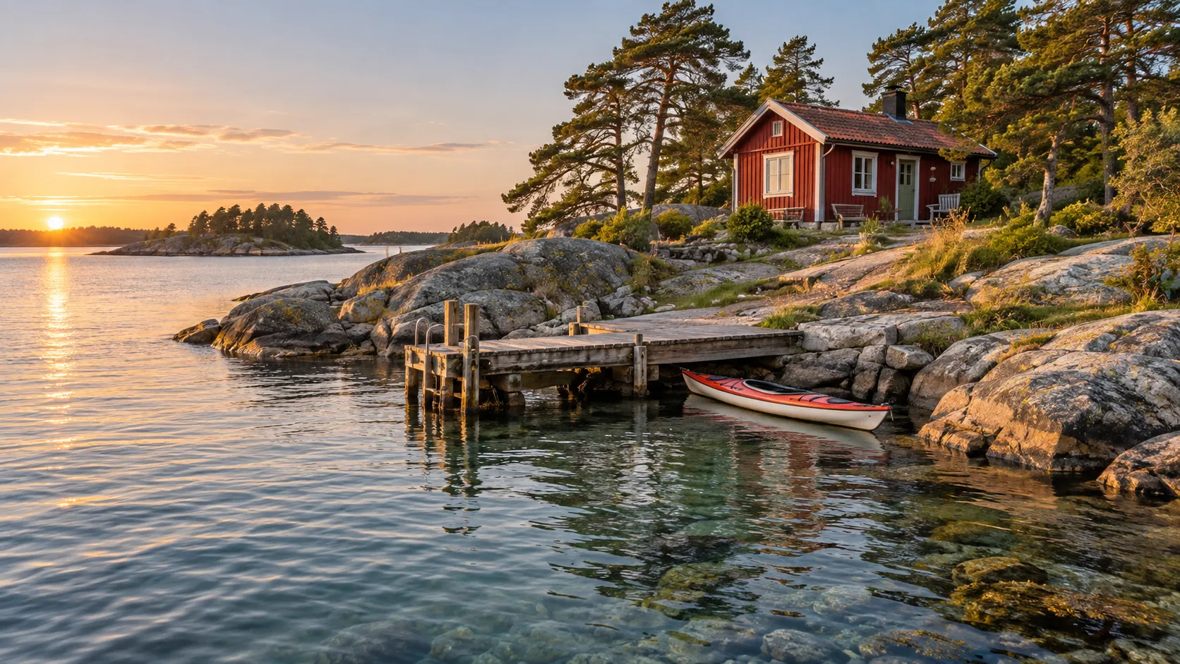 Red wooden cottage and kayak on a rocky Stockholm archipelago island