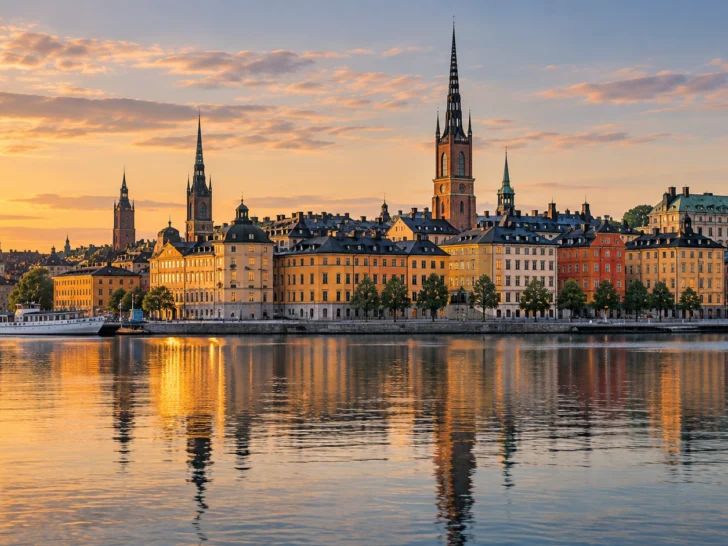Colorful Gamla Stan waterfront reflected in Stockholm harbor at sunset