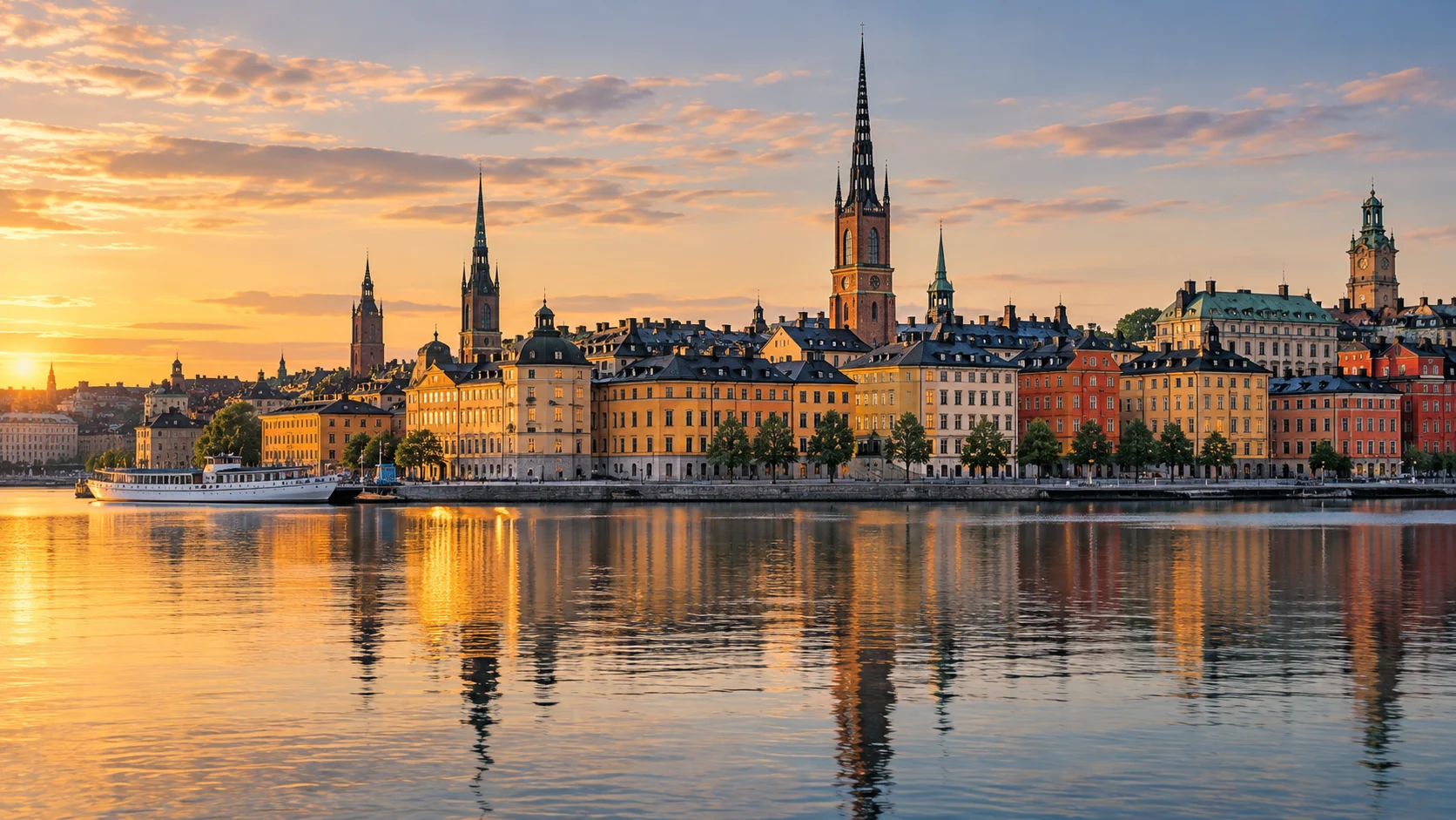 Colorful Gamla Stan waterfront reflected in Stockholm harbor at sunset