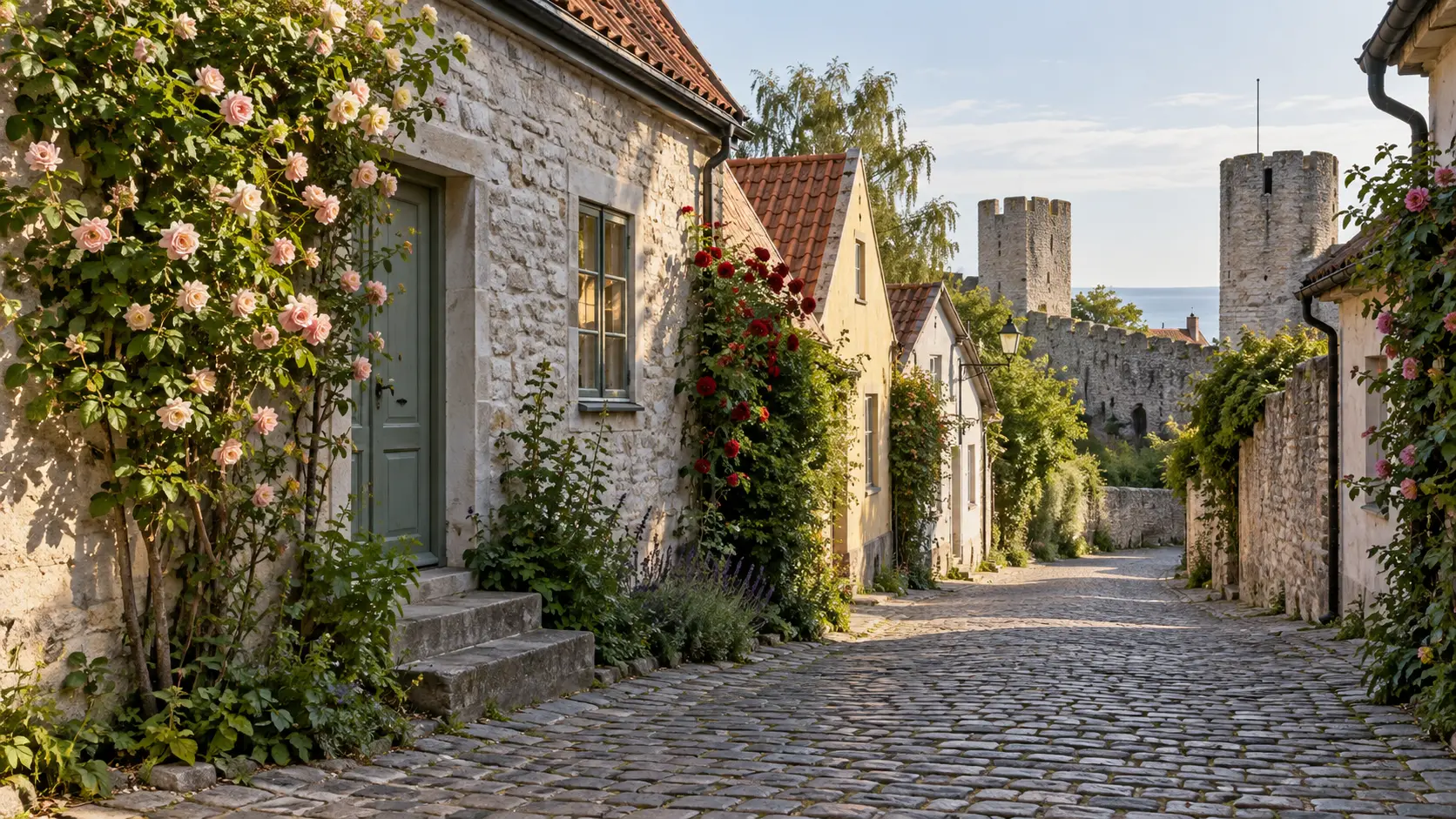 Rose-covered stone houses and medieval walls along a cobbled lane in Visby