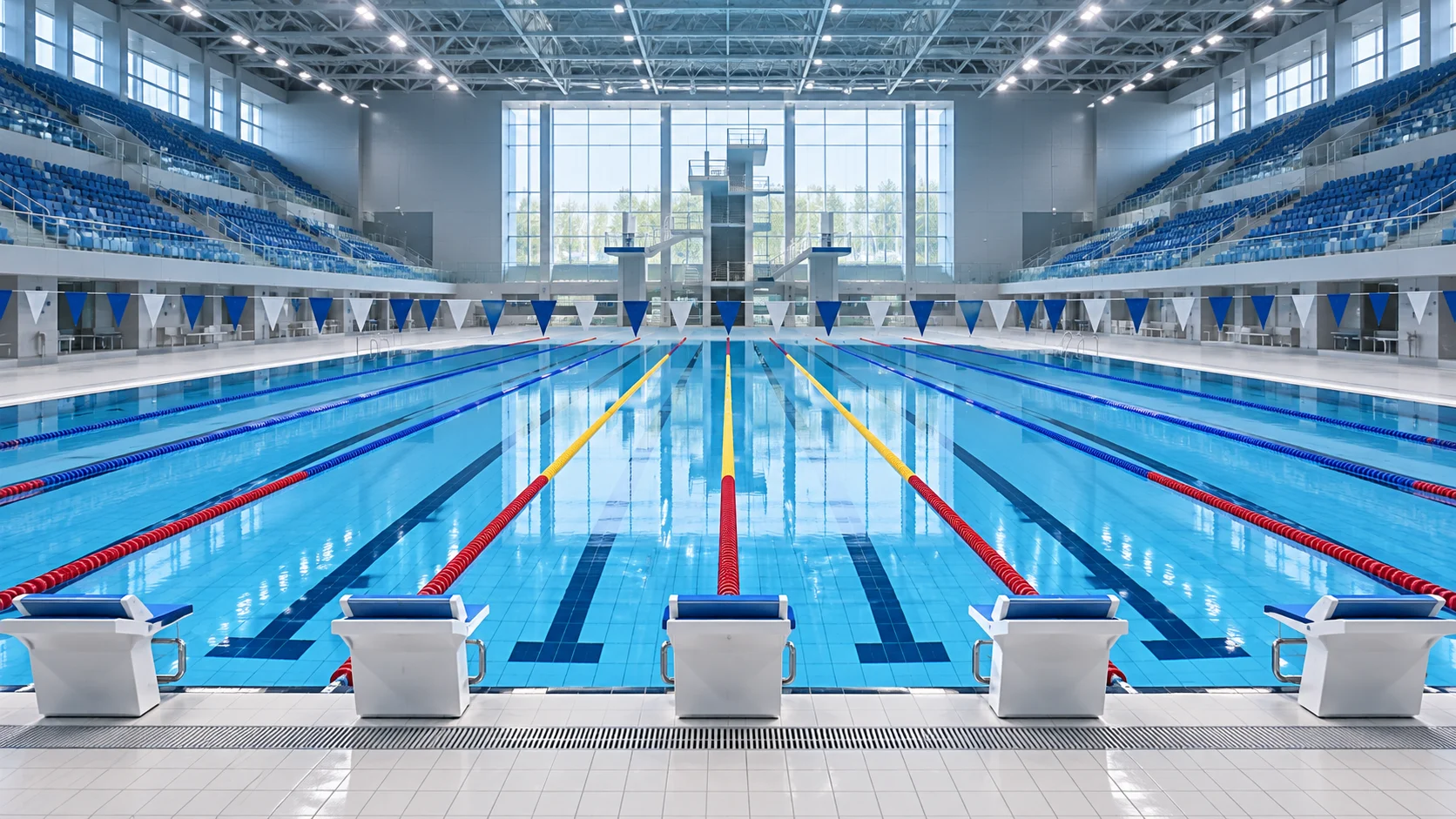Empty Olympic-style swimming pool with ten lanes and blank starting blocks