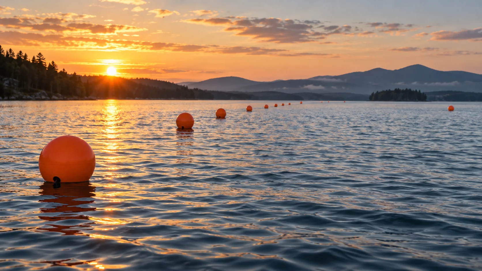 Orange race buoys stretching across a calm lake at sunrise