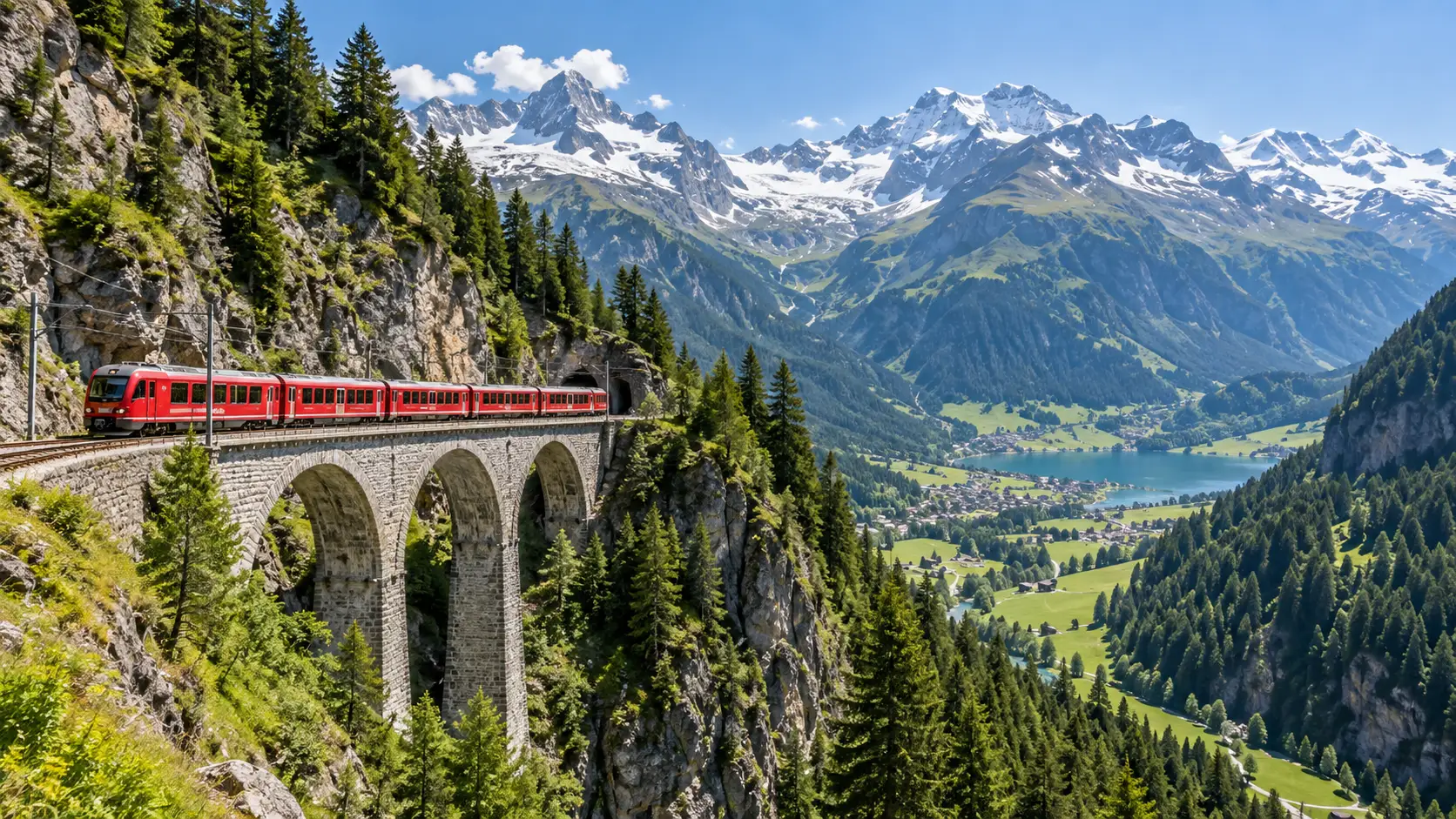 Red mountain train crossing a stone viaduct in the Swiss Alps