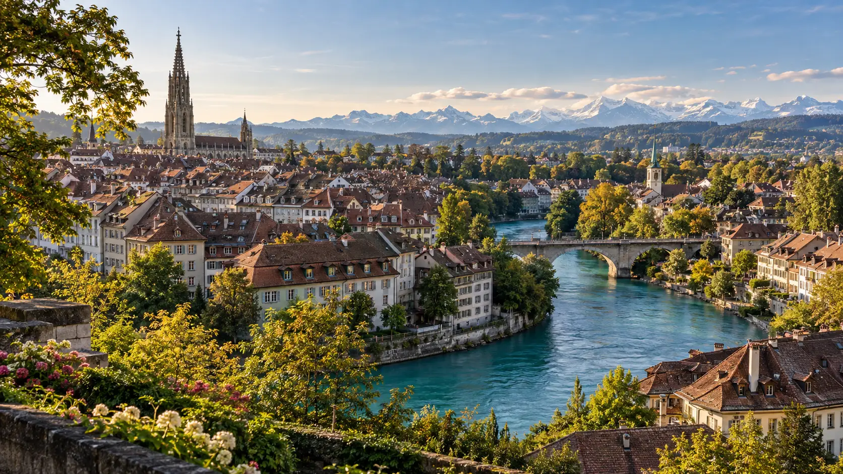 Bern's red-roofed old town beside the turquoise Aare River