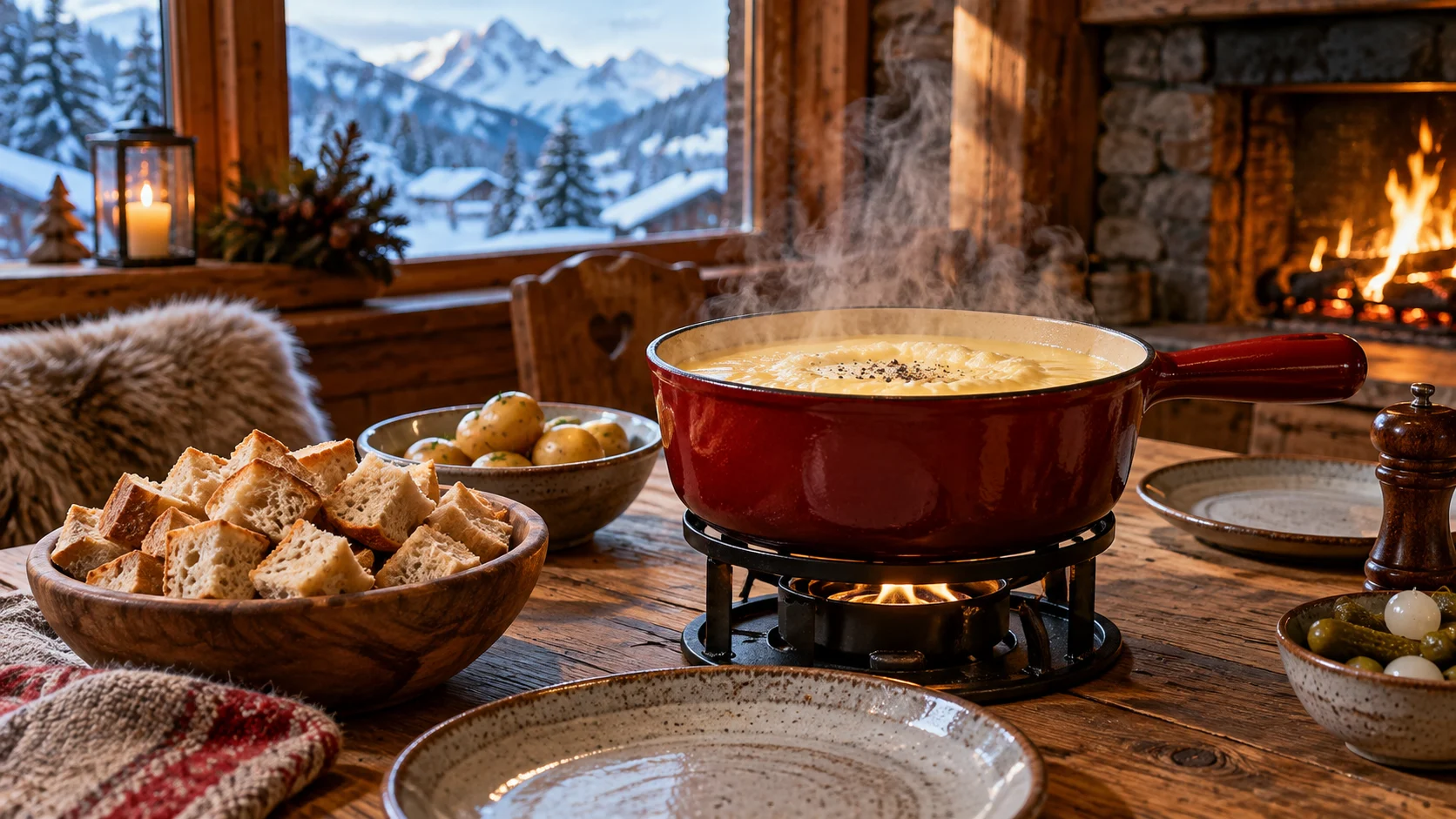 Steaming cheese fondue with bread and potatoes inside a snowy Swiss chalet