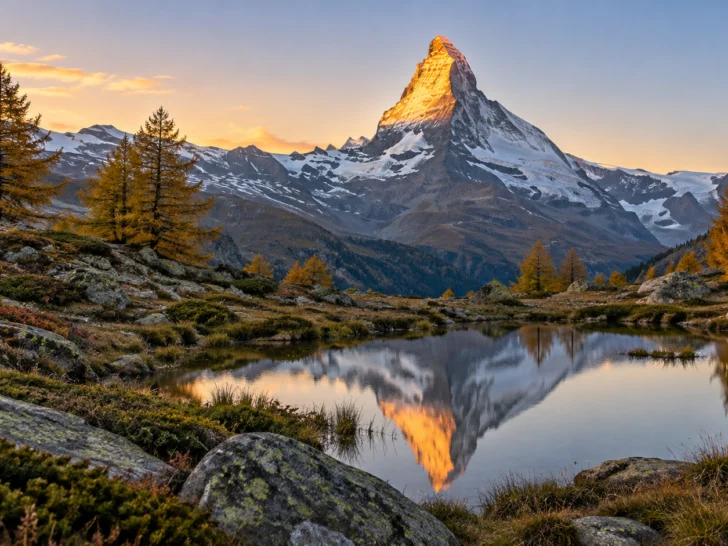 Matterhorn glowing at dawn above a reflective alpine lake