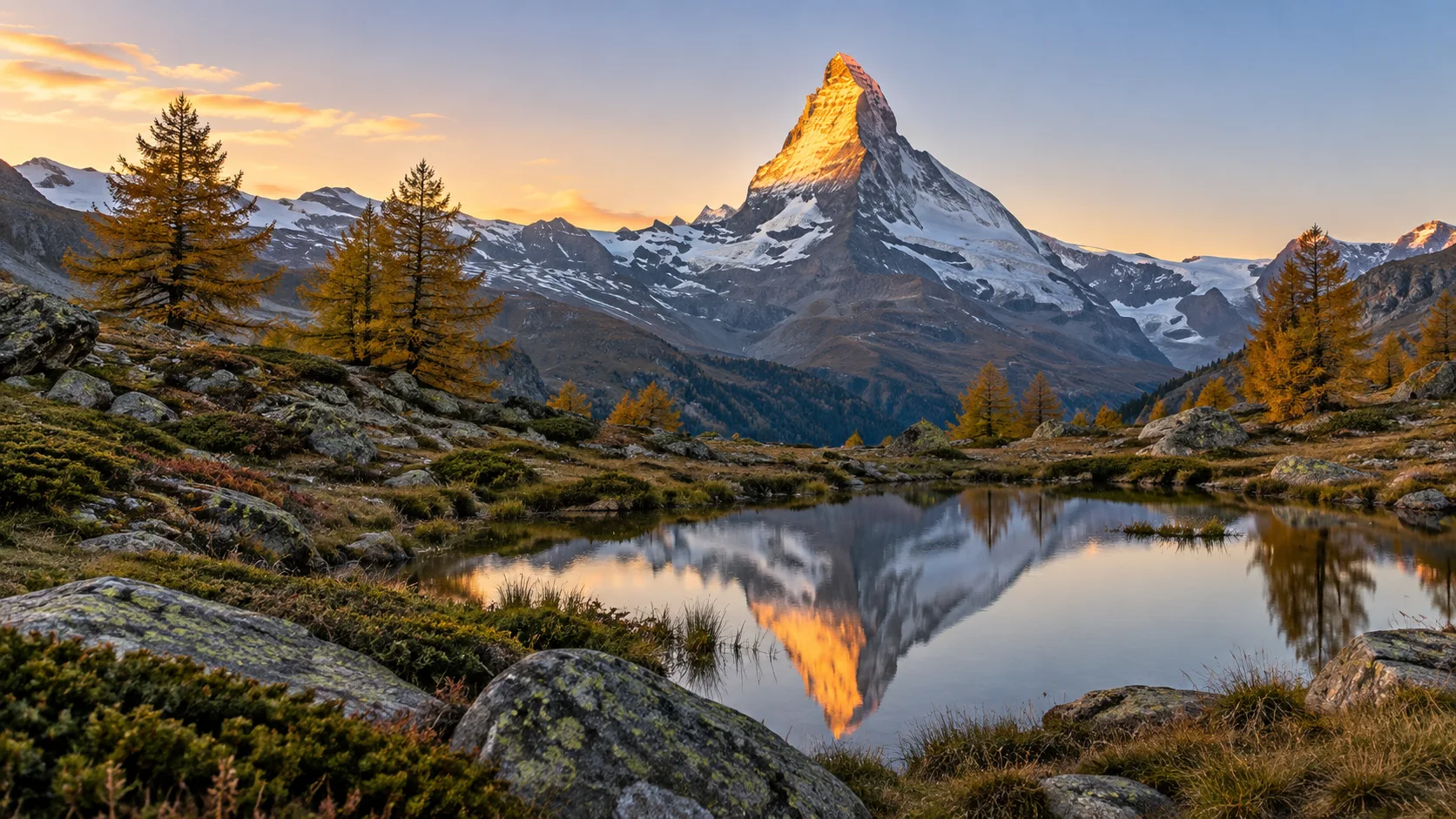Matterhorn glowing at dawn above a reflective alpine lake