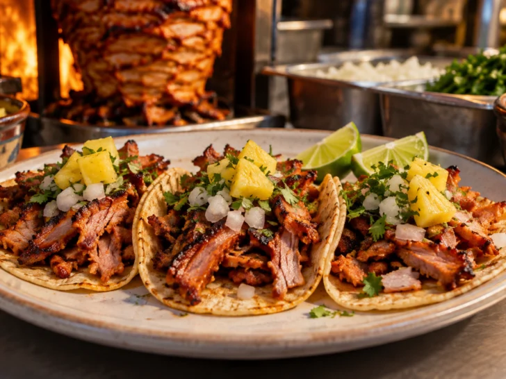 Al pastor tacos arrive with pineapple onion cilantro and lime