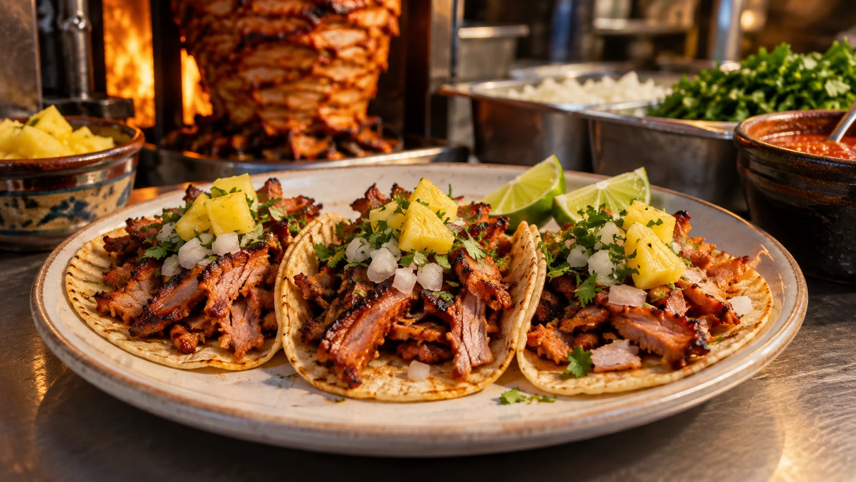 Al pastor tacos arrive with pineapple onion cilantro and lime