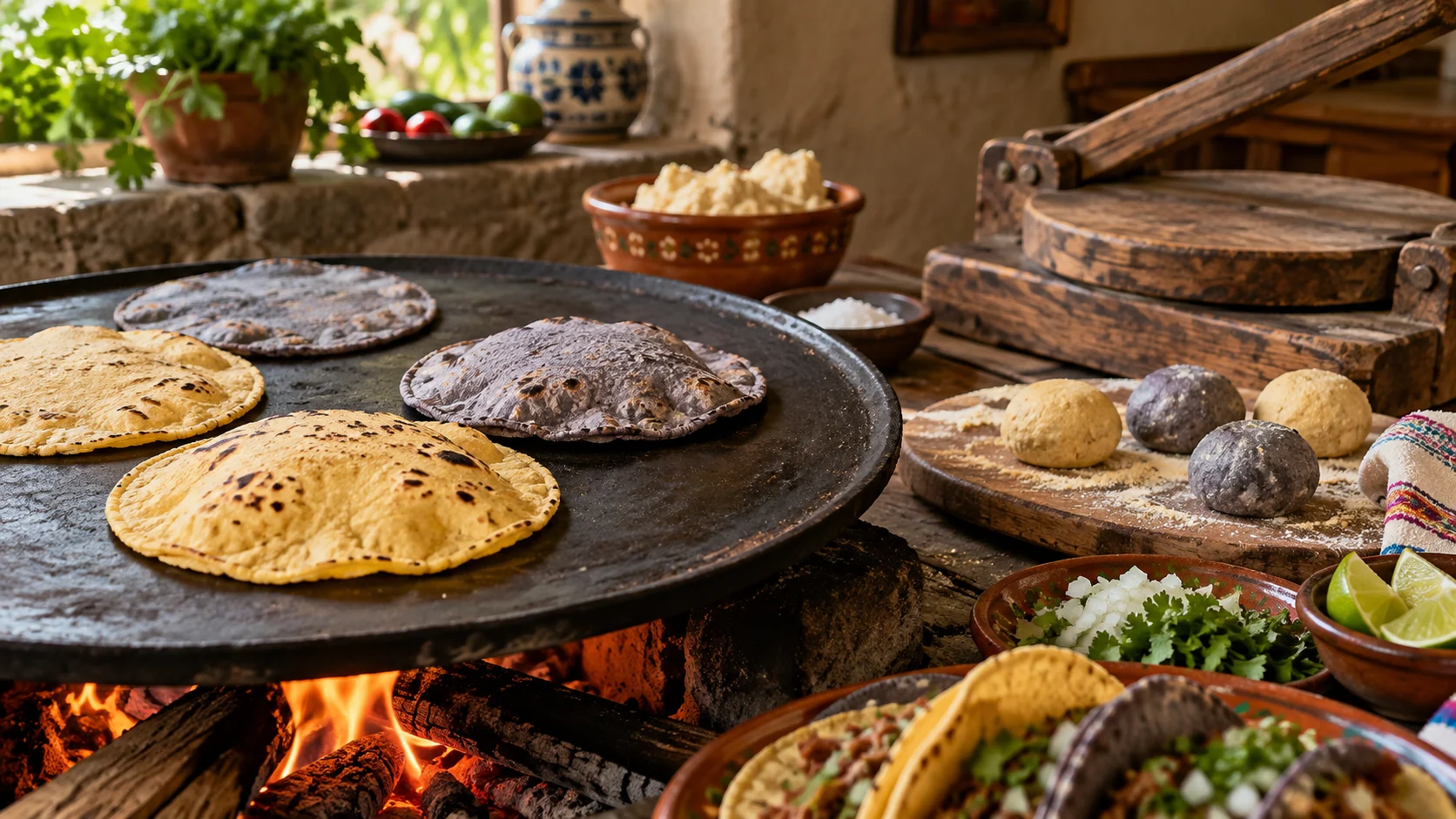 Blue and yellow corn tortillas puff on a hot comal beside fresh masa