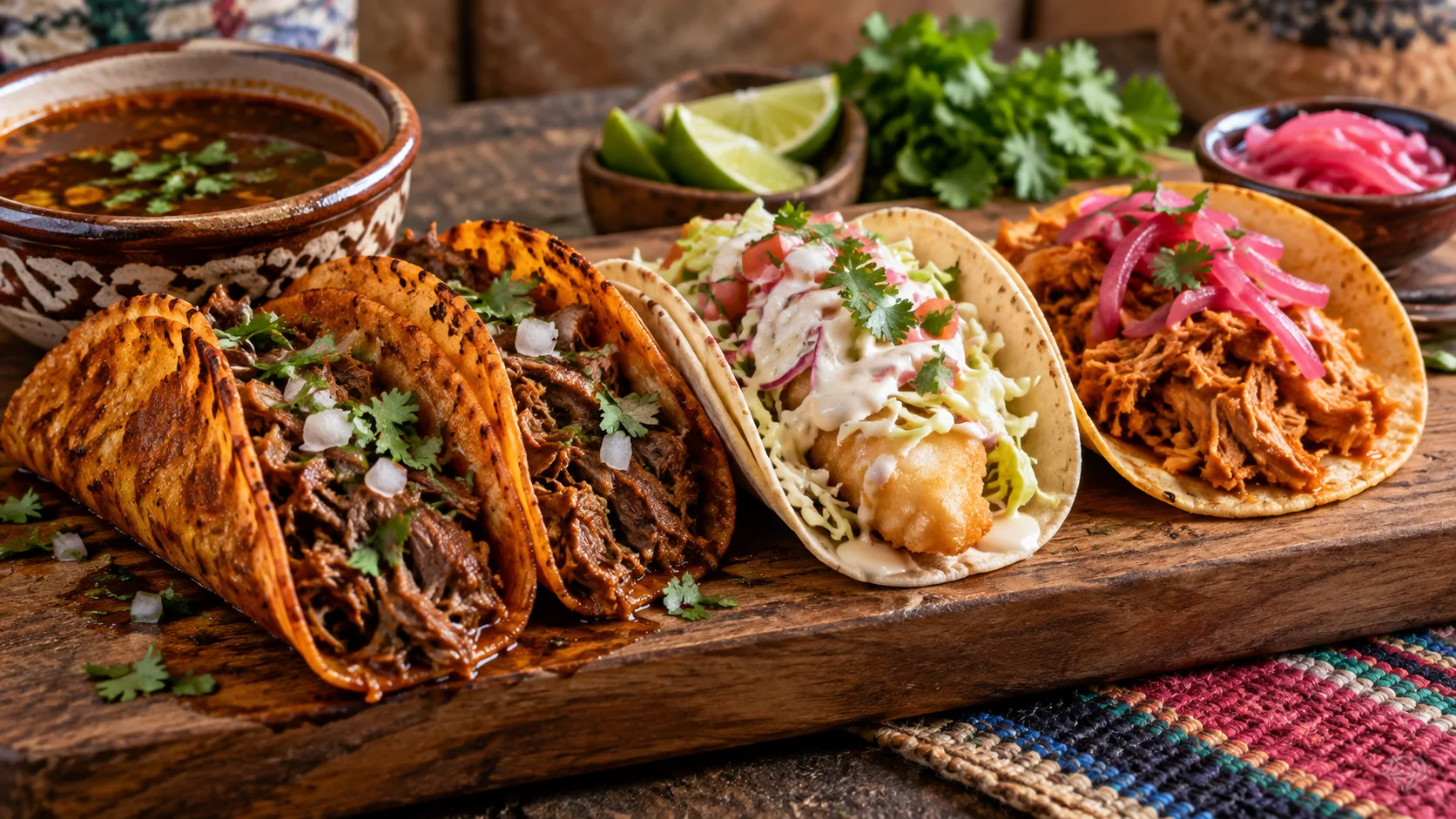 Birria fish and cochinita pibil tacos showcase regional Mexican styles