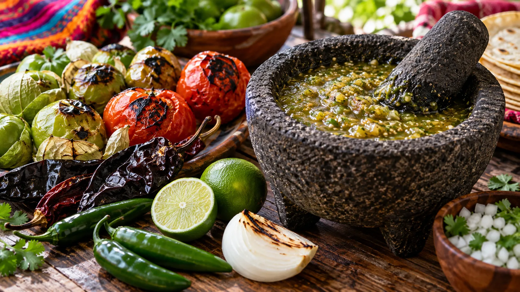 Charred tomatillos tomatoes and chiles surround a stone molcajete