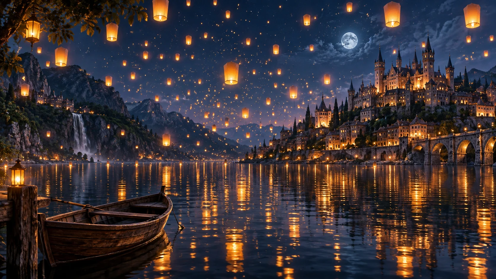 Floating paper lanterns reflected across a calm lake at night