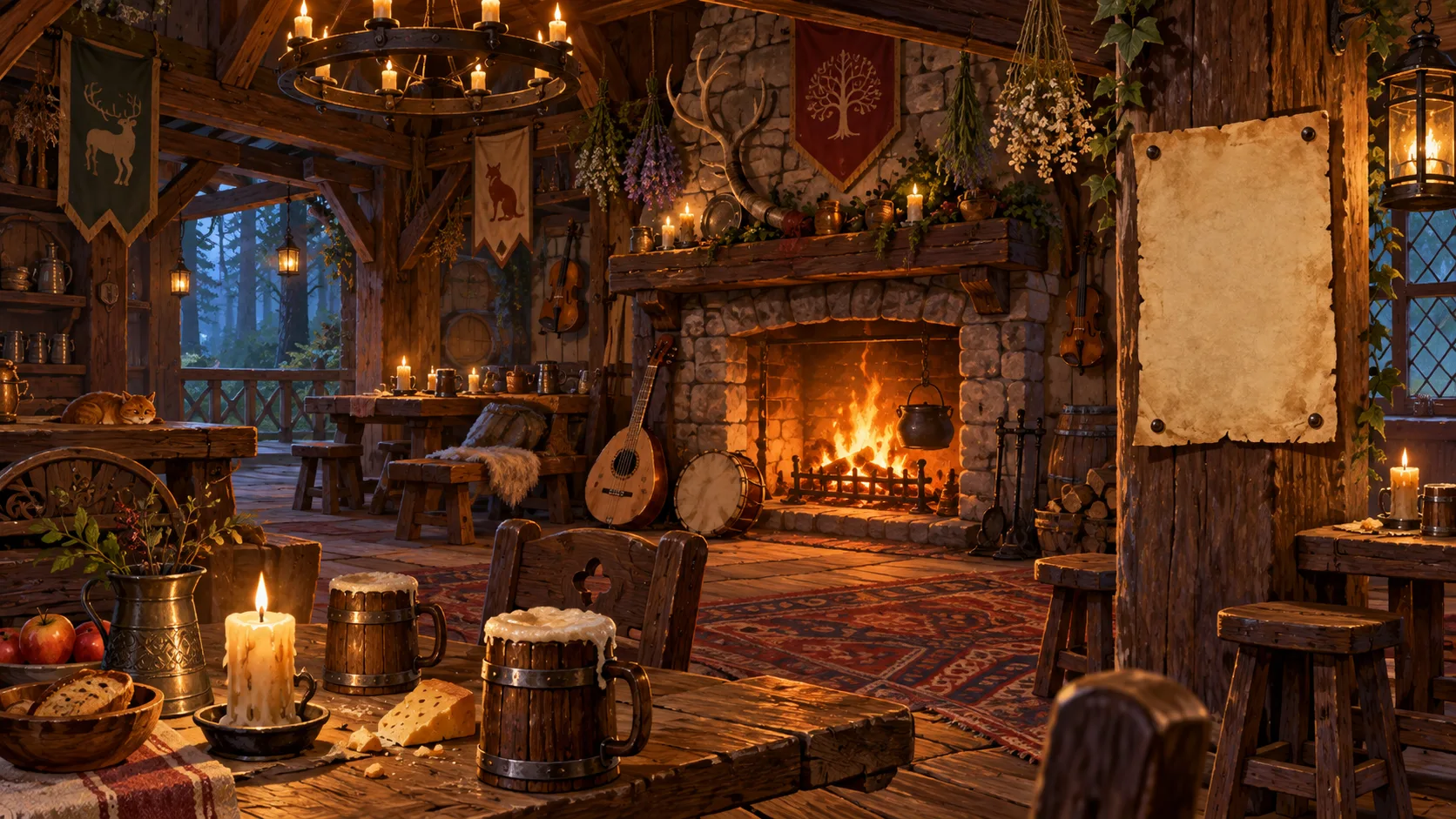Eccentric medieval tavern with instruments and a warm fireplace