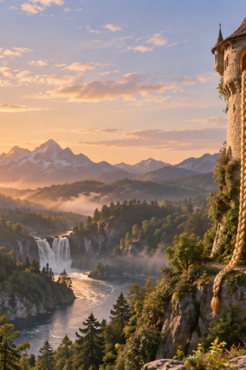 Fairy-tale stone tower rising above a sunlit forest