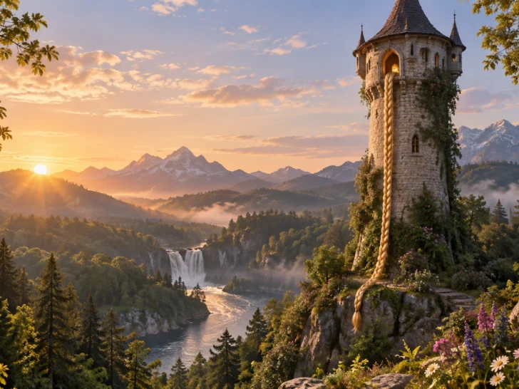 Fairy-tale stone tower rising above a sunlit forest
