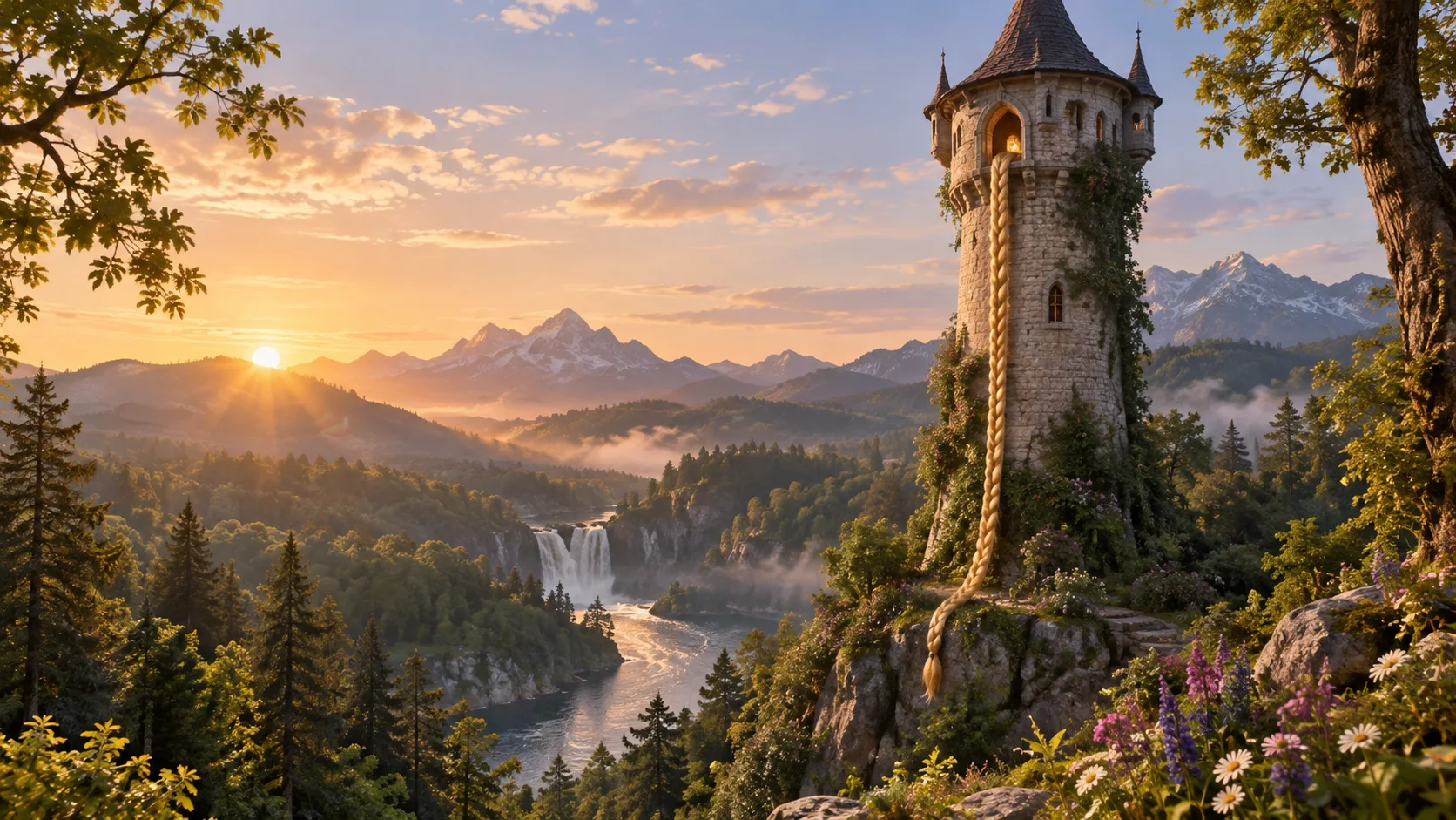 Fairy-tale stone tower rising above a sunlit forest
