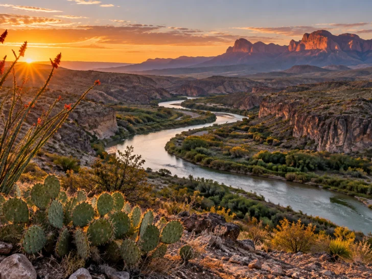 The Rio Grande winds through Big Bend at sunrise