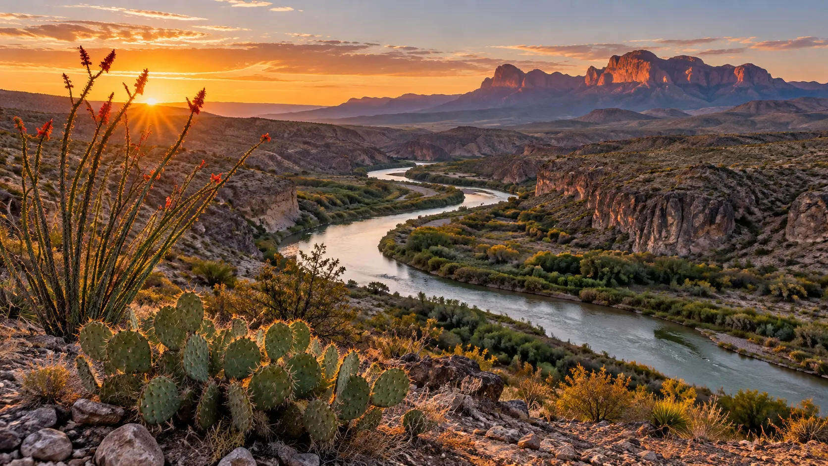 The Rio Grande winds through Big Bend at sunrise
