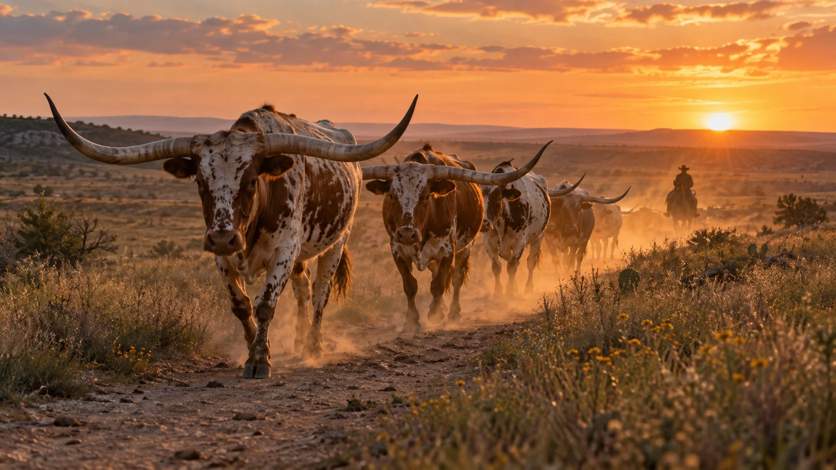 Longhorn cattle move along a dusty Texas trail at sunset
