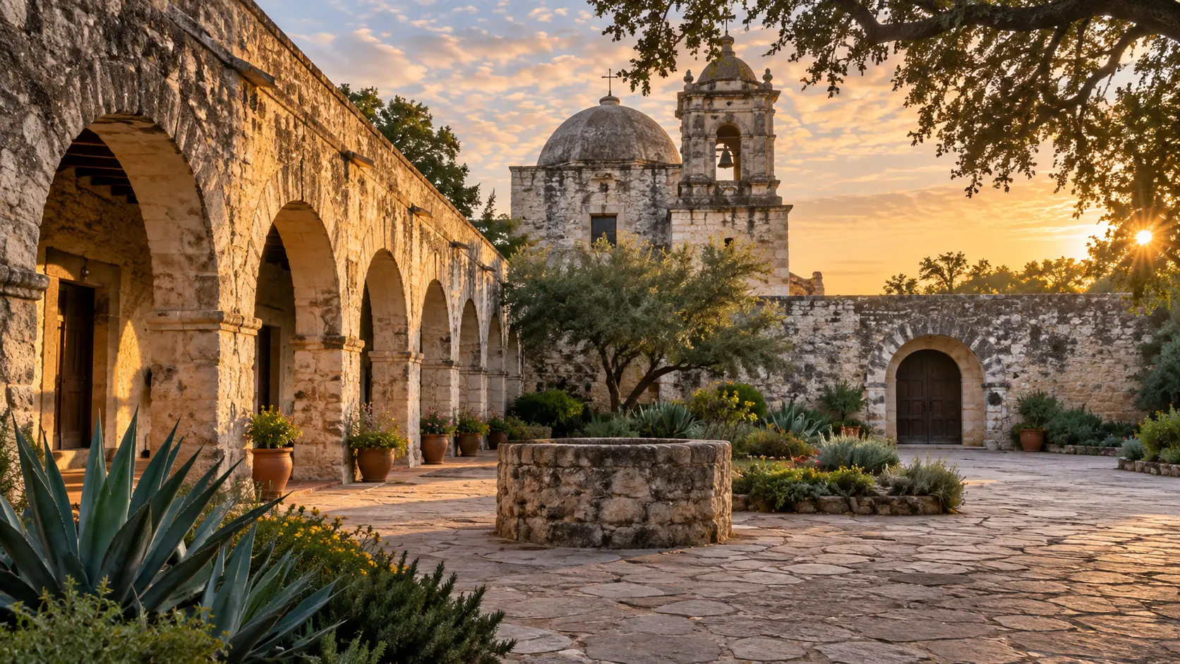 A historic San Antonio mission courtyard glows at dawn