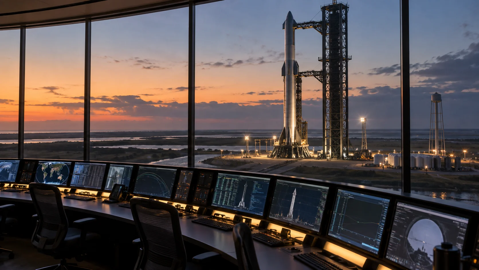 An empty control room overlooks a Texas rocket launch pad at twilight