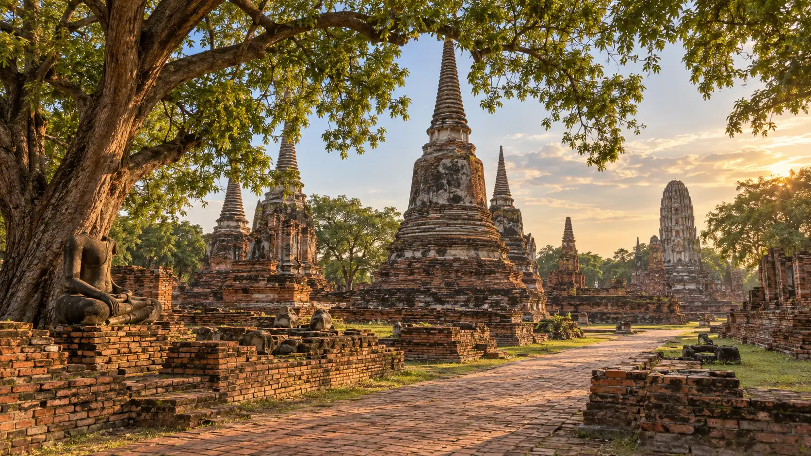 Brick stupas and temple ruins beneath rain trees in Ayutthaya
