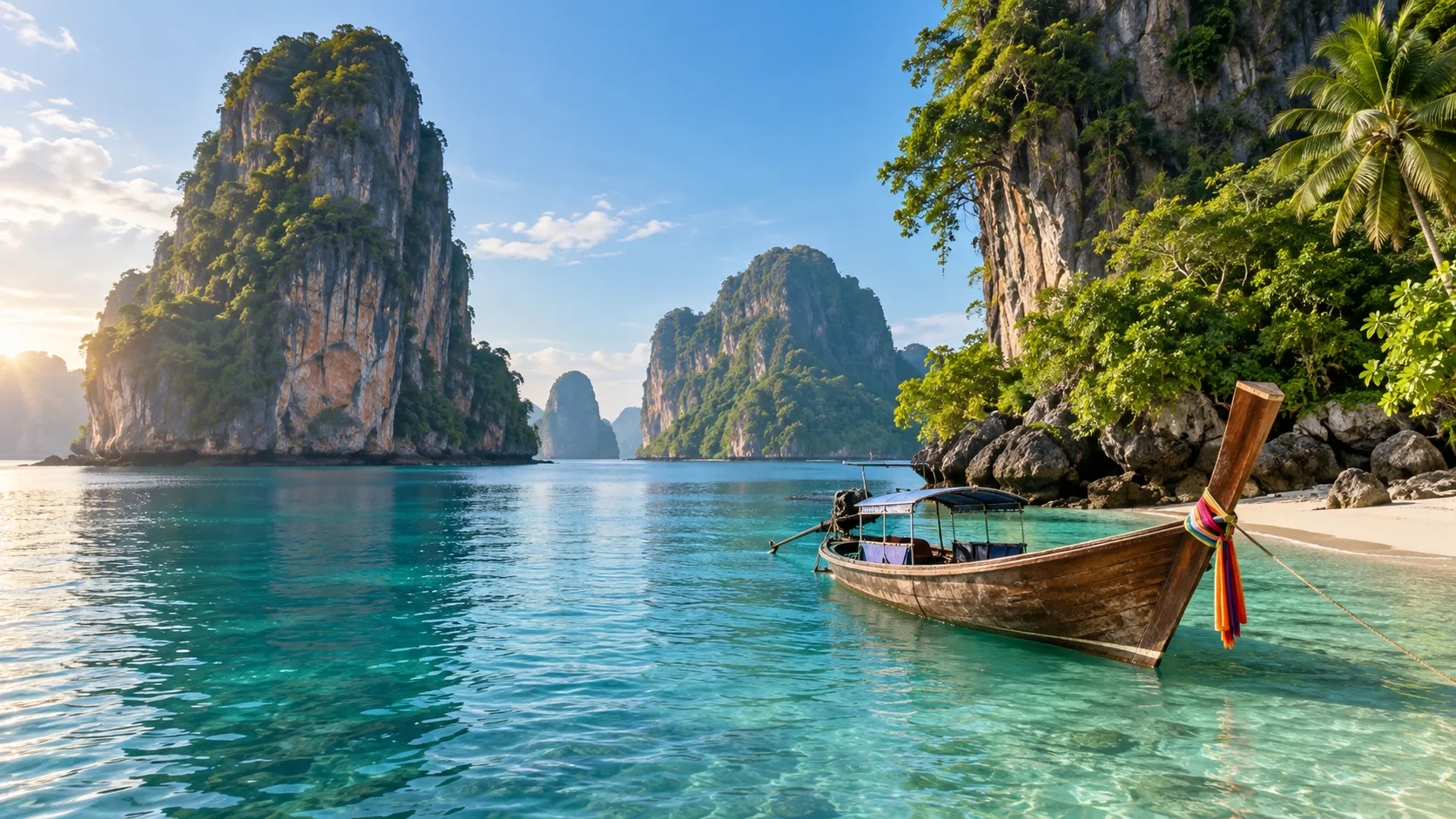 Long-tail boat anchored among turquoise water and limestone islands near Krabi