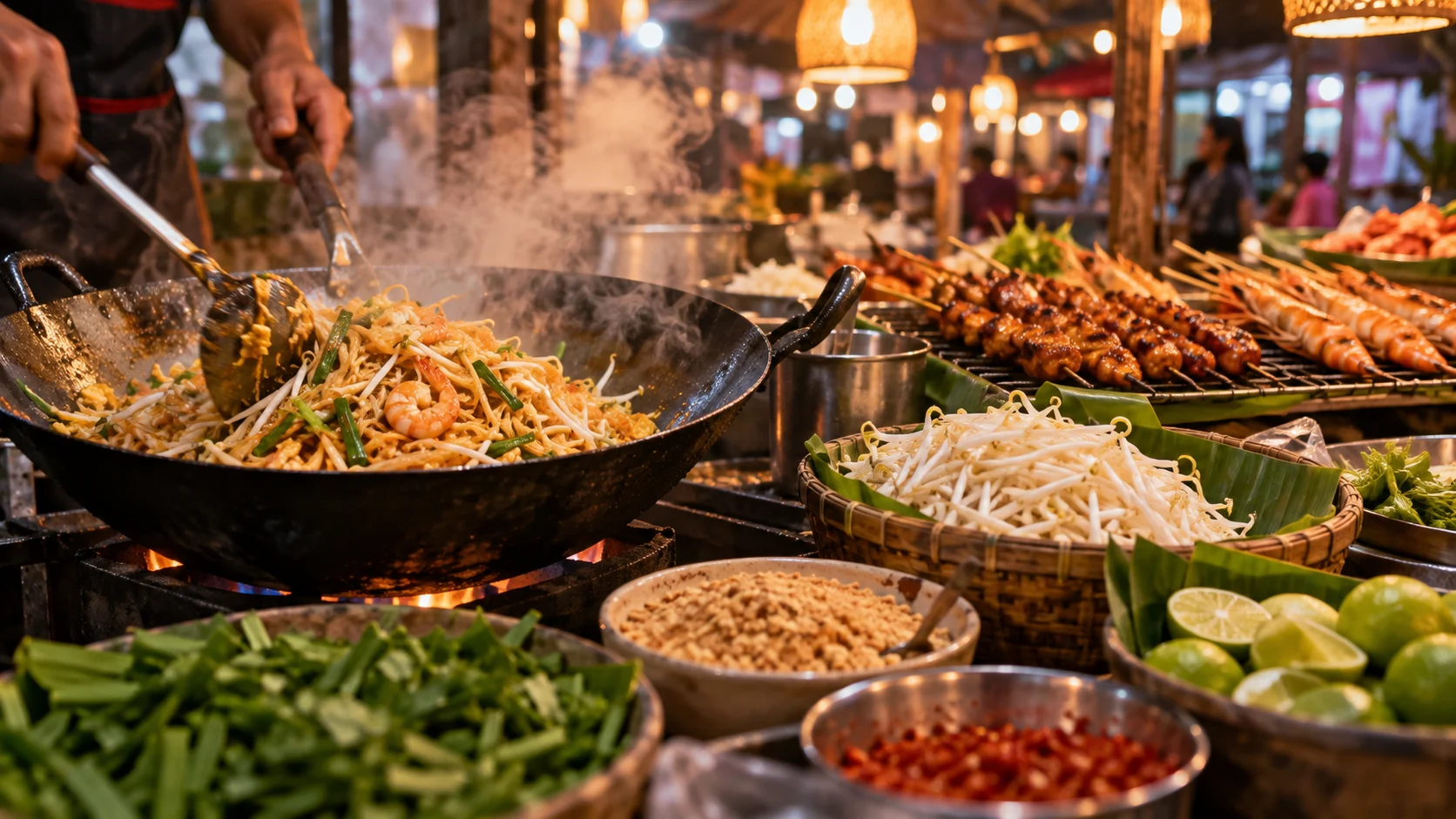 Pad thai cooking in a steaming wok at a colorful Thai night market