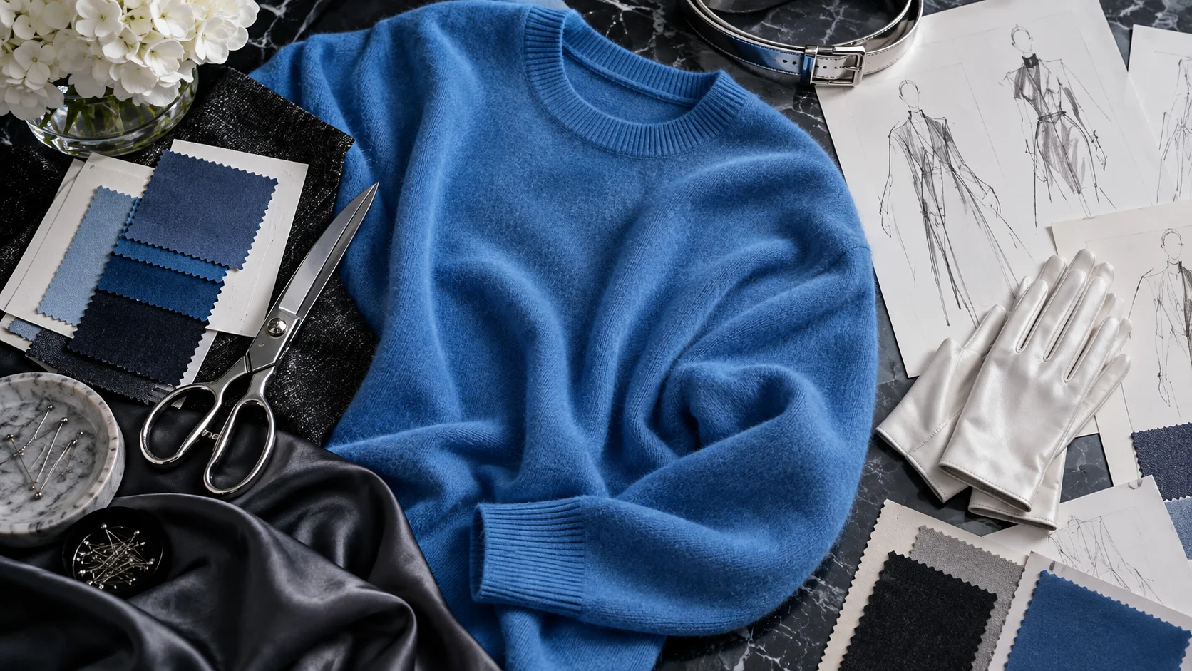 Cerulean sweater surrounded by blue fabric swatches, silver shears, gloves, and fashion sketches