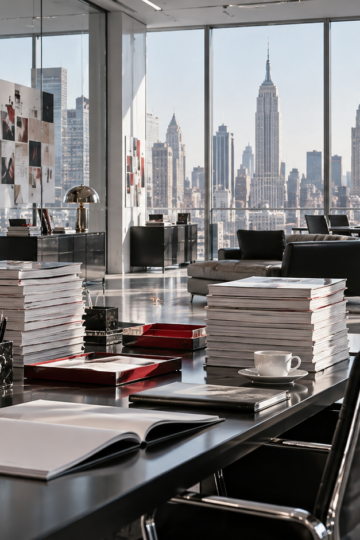 Sleek New York fashion office with garment racks and stacks of blank magazines