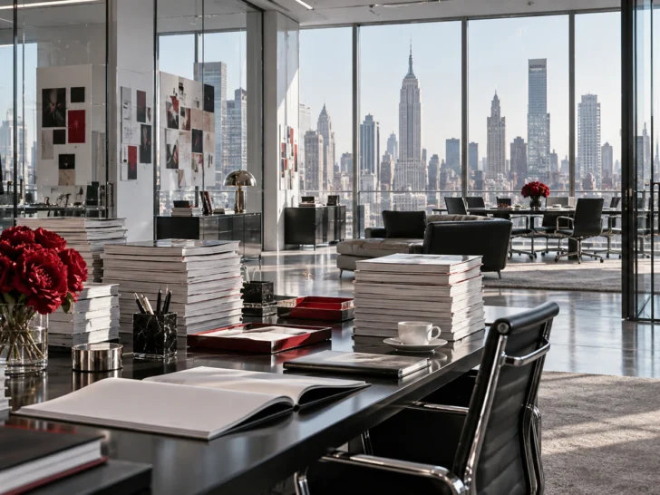 Sleek New York fashion office with garment racks and stacks of blank magazines