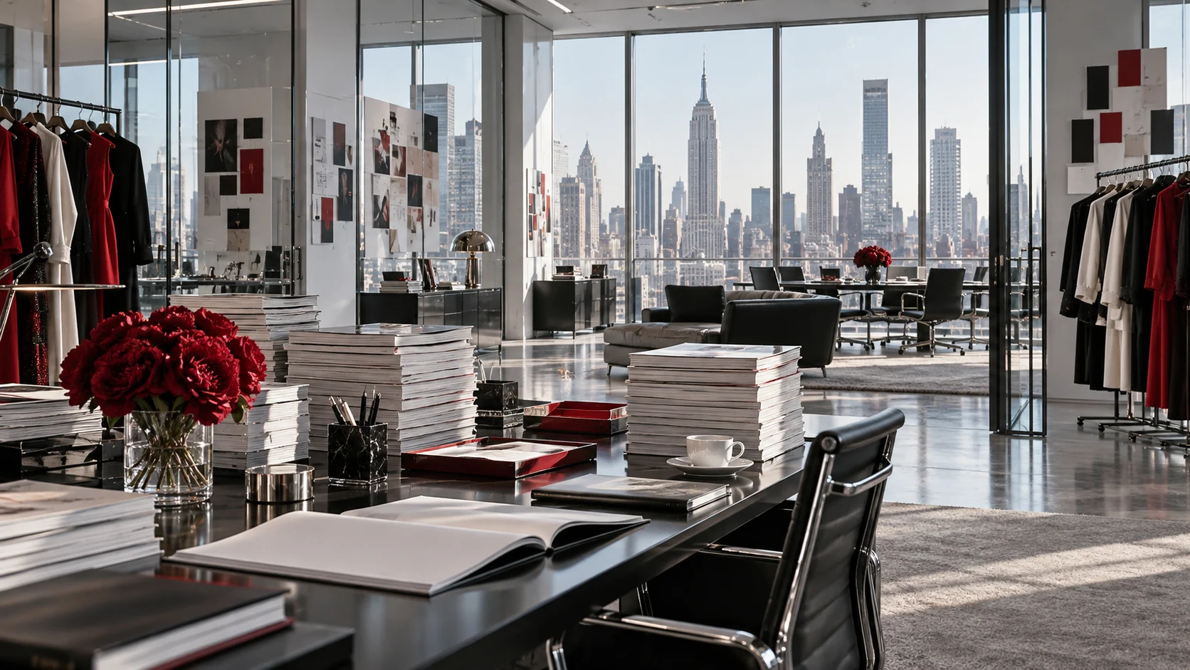 Sleek New York fashion office with garment racks and stacks of blank magazines