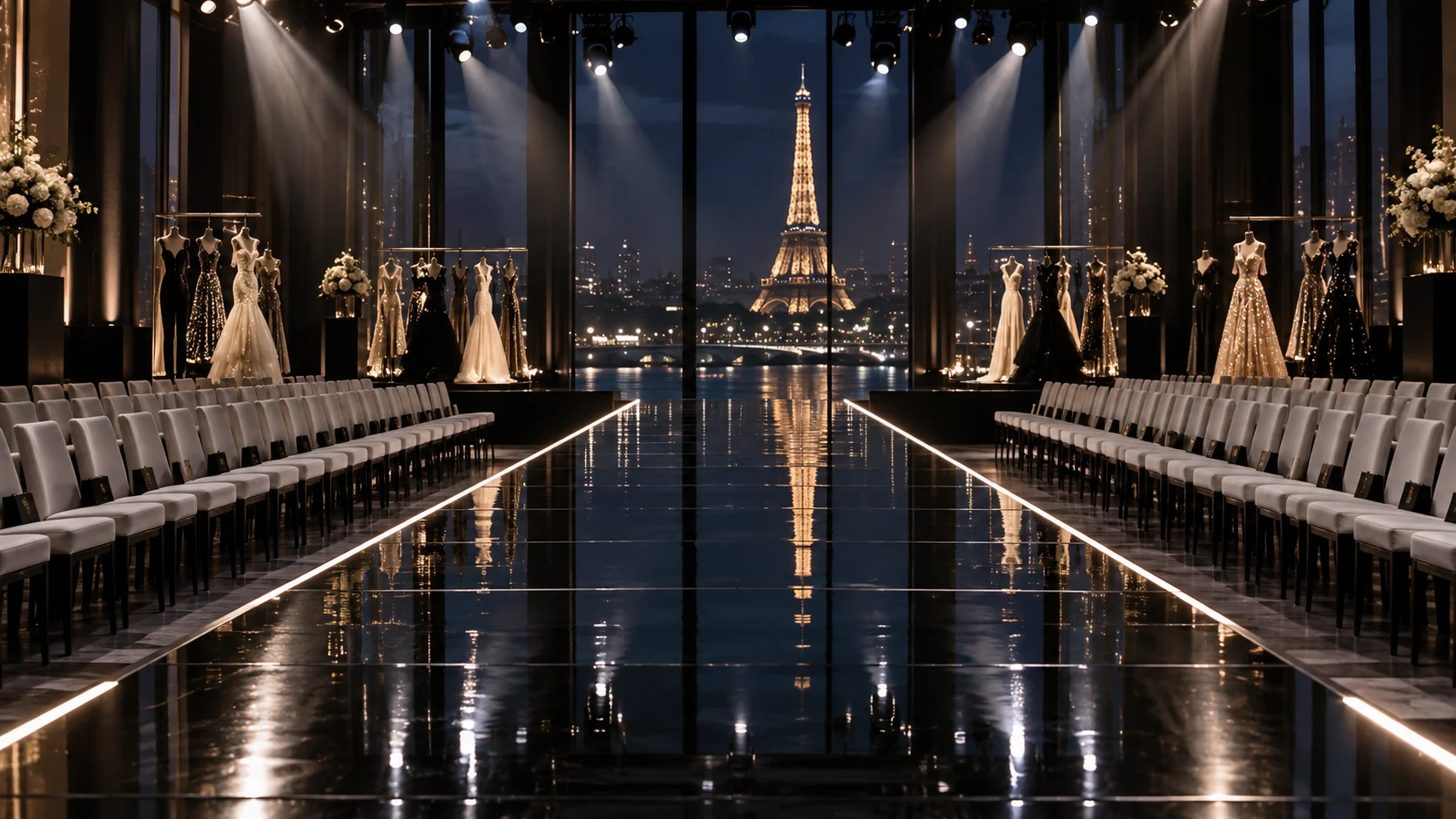 Empty mirrored Paris fashion runway with evening lights and couture silhouettes