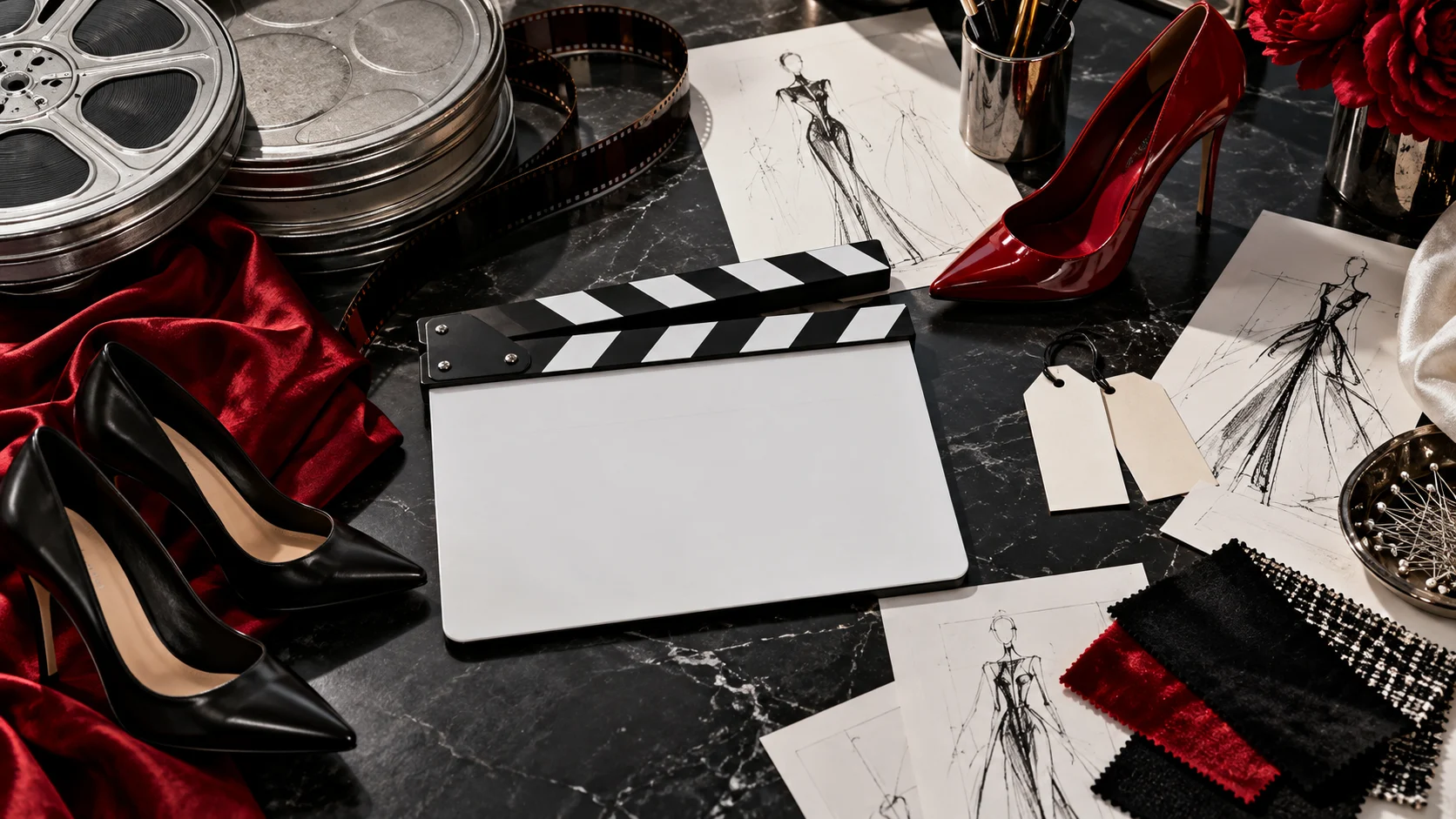 Blank clapperboard, film reels, red and black heels, fashion sketches, and fabric swatches