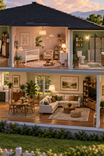 Detailed cutaway dollhouse with rooms arranged for everyday life