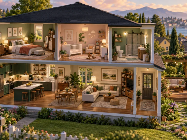 Detailed cutaway dollhouse with rooms arranged for everyday life
