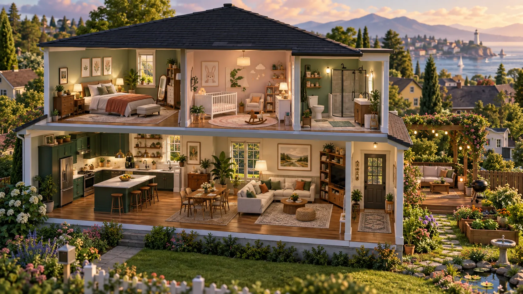 Detailed cutaway dollhouse with rooms arranged for everyday life