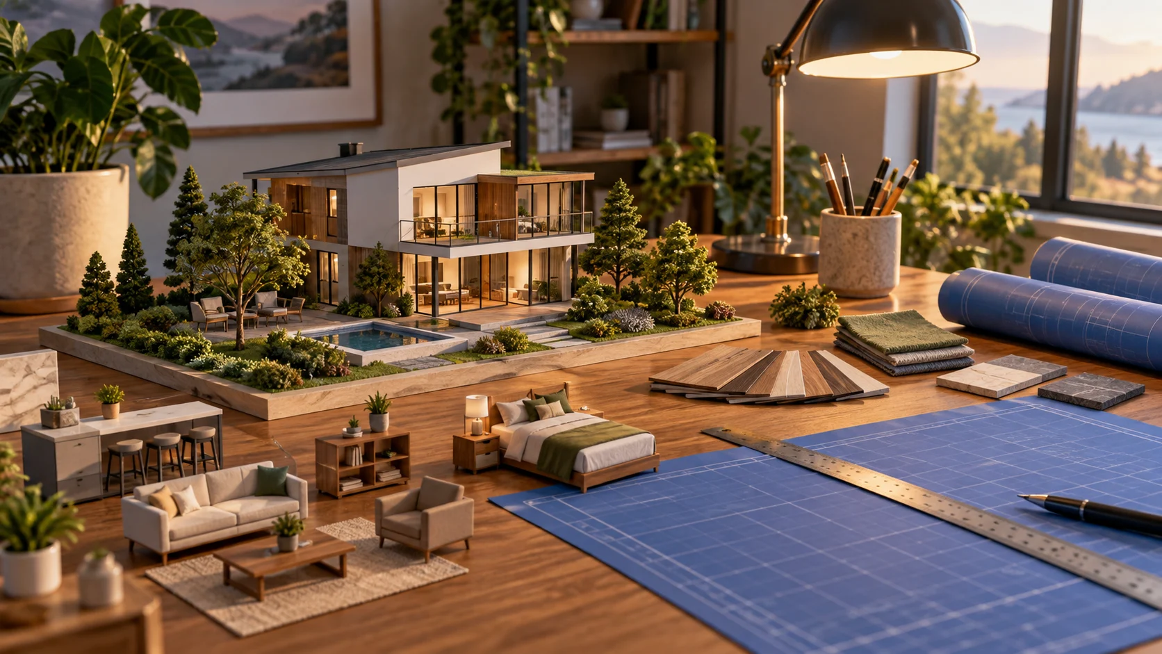 Architectural house model with floor plans and building tools
